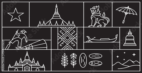 Collection of Myanmar cultural symbols and landmarks in a minimalist line art style on a black background.