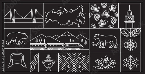 Collection of Russian Symbols and Landmarks in a Minimalist Line Art Style.