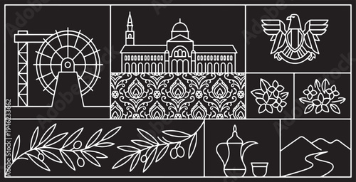 Collection of Middle Eastern cultural icons and symbols in a minimalist line art style on a black background.
