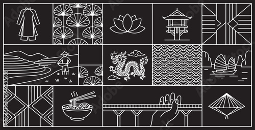 Collage of Vietnamese cultural symbols and landmarks in a minimalist line art style on a black background.