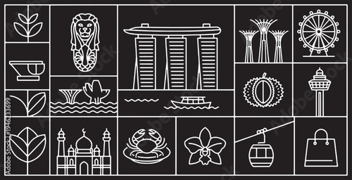 Singapore Landmarks and Icons Collection in a Minimalist Line Art Style on Black Background.