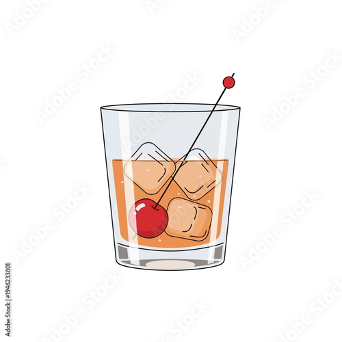 Refreshing Old Fashioned Cocktail with Cherry and Ice Cubes in a Glass