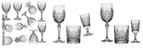Foto Set and collection of luxury crystal wine glasses and diamond pattern carved gla