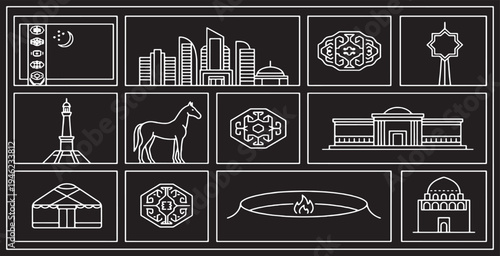 Collection of Turkmenistan Symbols and Landmarks in a Minimalist Outline Style.