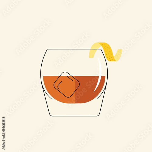 Refreshing Old Fashioned cocktail with ice cube and lemon twist in a rocks glass, minimalist illustration