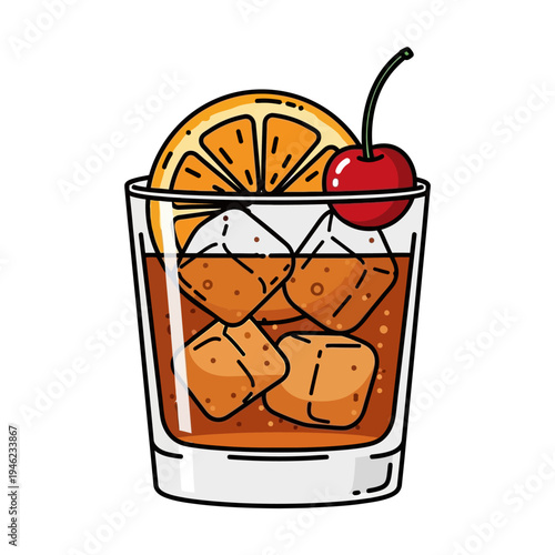 Refreshing Old Fashioned Cocktail with Orange Slice and Cherry on Ice