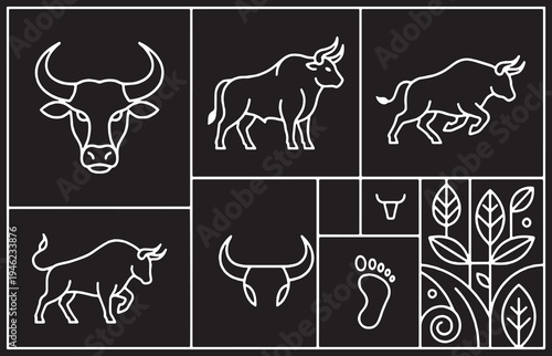 Collection of stylized line art illustrations of bulls and related elements on a black background.