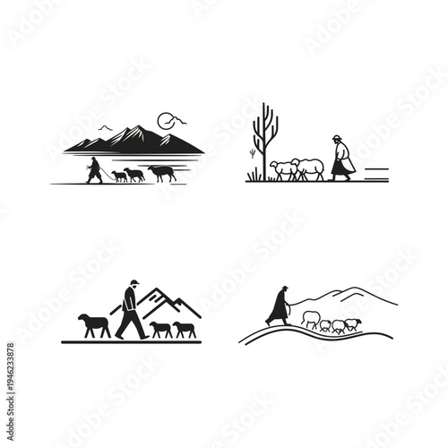 Set of minimalist shepherd and sheep silhouettes walking through mountain landscapes, simple black and white rustic farm life illustrations isolated on white background.