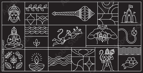 Collection of Indian cultural symbols and deities, including Hanuman, a mace, and a diya lamp, presented in a modern graphic style.