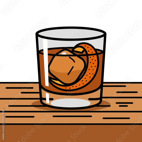 Old Fashioned Cocktail with Orange Peel and Ice Cube on Wooden Table