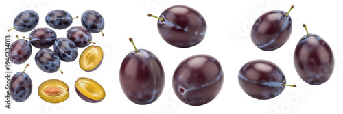 Obraz na plátně Set and collection of fresh ripe purple plums and sliced plum halves isolated on