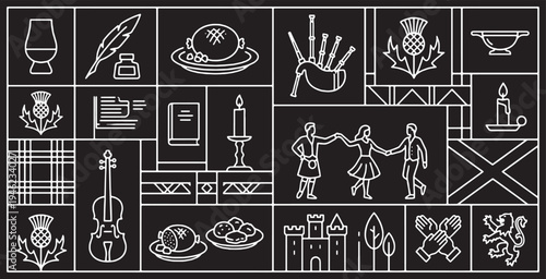 A collage of Scottish cultural symbols and icons in a line art style on a black background.