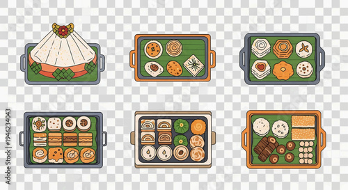 Set of flat vector illustrations featuring diverse Asian appetizers and dim sum dishes. Top-down views of various culinary platters neatly arranged on serving trays