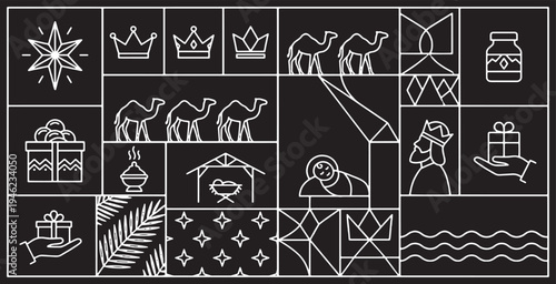 Christmas Nativity Scene with Wise Men, Gifts, and Star of Bethlehem in a Stylized Line Art Design.