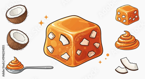 Delightful Coconut Caramel Candy Cube Illustration - A Sweet and Chewy Tropical Treat for Dessert Lovers, Perfect for Snack Time and Indulgence