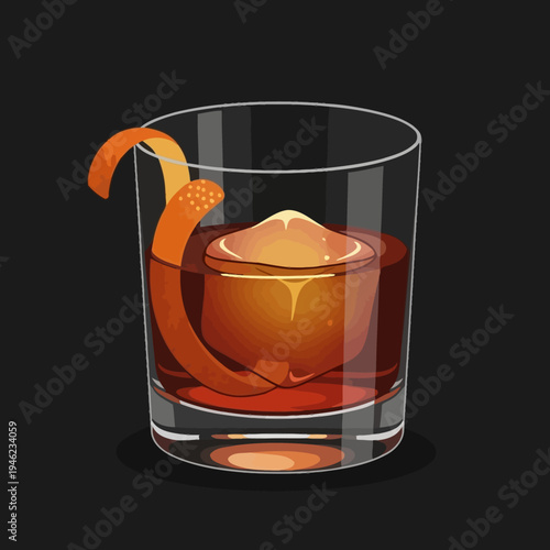 Old Fashioned Cocktail with Orange Peel and Ice in Glass, Dark Background