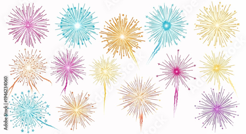 Colorful fireworks burst and explode in a vibrant display of sparkling lights against a clean white background.