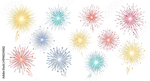 Colorful fireworks burst and explode in a vibrant display of light and color against a clean white background.