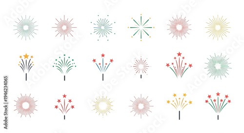 Colorful fireworks burst icons in various pastel colors and designs on a white background with a festive and celebratory mood.