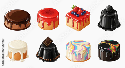 A delectable assortment of colorful and uniquely decorated dessert cakes presented in a grid layout, showcasing variety and artistic flair