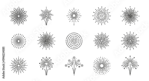 A set of 12 black and white fireworks explosion designs with various patterns and shapes on a plain white background.