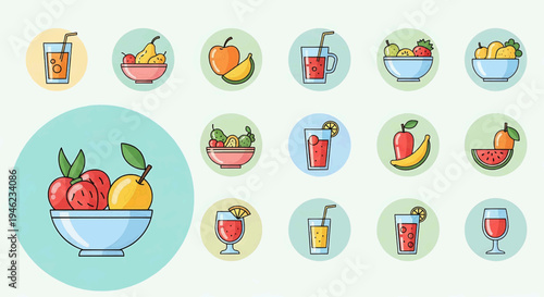 Assortment of fresh fruit bowls and glasses of juice, vector icons for healthy eating and refreshing beverages