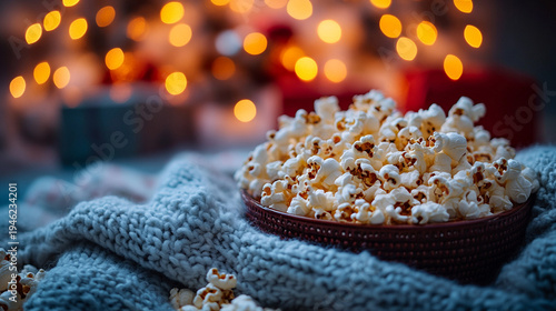 Wallpaper Mural Popcorn bowl on cozy blanket near Christmas tree with lights and gifts Torontodigital.ca