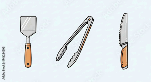 Essential cooking tools collection featuring a sharp serrated knife, sturdy grilling tongs, and a wide spatula, perfect for home kitchen use or outdoor barbecue preparation