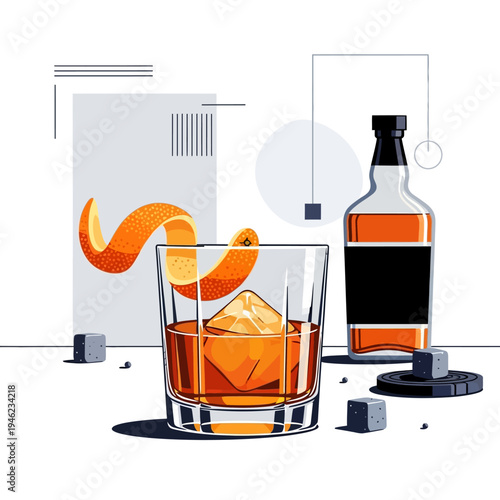 Old Fashioned Cocktail with Orange Peel, Whiskey Bottle, and Ice Cubes