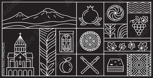 Armenian cultural symbols and landmarks depicted in a minimalist line art style on a black background.