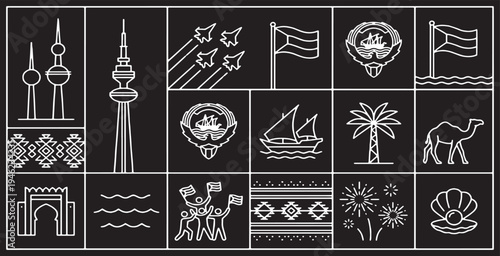 Kuwait National Symbols and Landmarks Collection in White Line Art on Black Background.