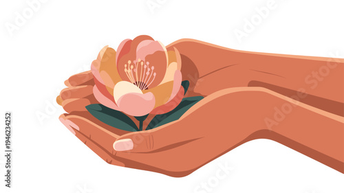 A delicate flower is carefully held in cupped hands.