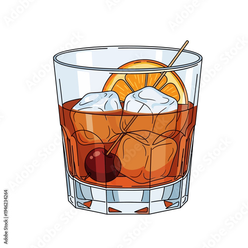 Old Fashioned Cocktail with Orange Slice and Cherry on Ice in Glass