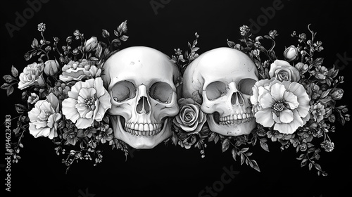 Wallpaper Mural Skulls with flowers on black background Torontodigital.ca