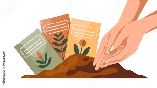 A gardener's hand planting seed with seed packets nearby.