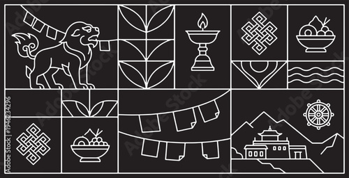 Collection of Tibetan cultural symbols and elements in a minimalist line art style on a black background.