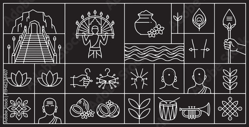 Collection of Indian cultural symbols and icons in a minimalist line art style on a black background.