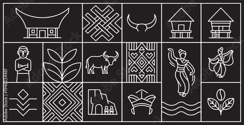 Collection of Indonesian cultural symbols and icons, including traditional houses, patterns, animals, and people.