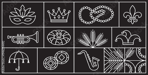 Collection of Mardi Gras icons and symbols in a clean, modern line art style on a black background.