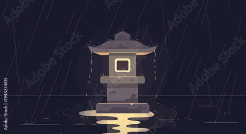 Pixel Art Japanese Stone Lantern in Rain at Night