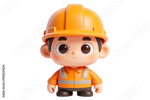 3D cartoon construction worker in orange hard hat and safety vest posing against plain background