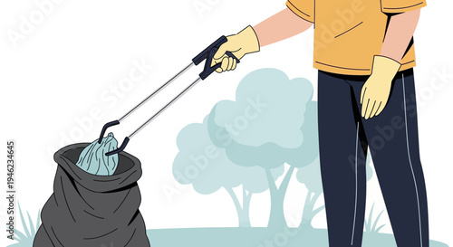 Person Using Litter Picker To Collect Trash Bag.