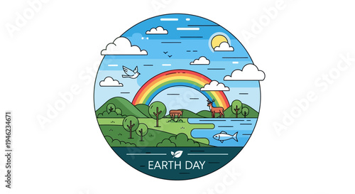 Earth Day Circular Rainbow Landscape Emblem Logo.