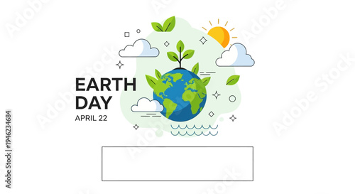 Earth Day Illustration Featuring Globe Leaves and Sun.