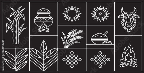 Collection of Pongal festival symbols and elements in white outline on a black background.