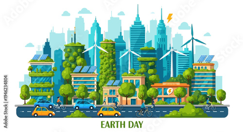 Eco City Earth Day Skyline With Green Technology.