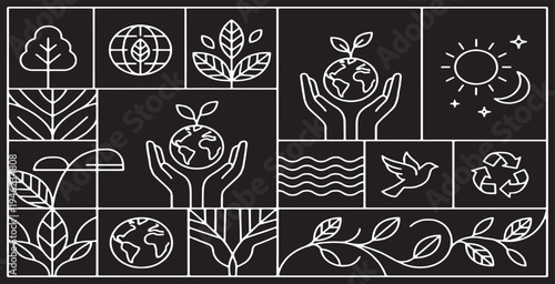 Collection of environmental icons and symbols representing nature, growth, and sustainability.