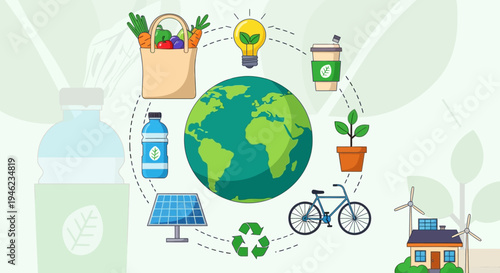 Earth Centered Sustainability Concept With Eco Icons.