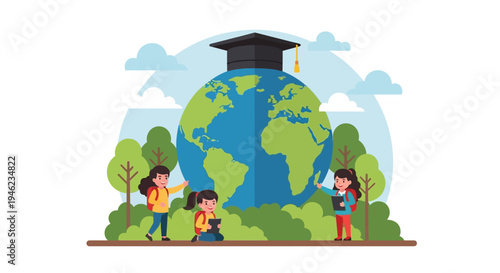 globe wearing graduation cap with students around.
