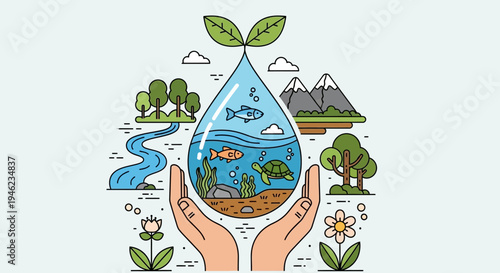 Hands holding a water droplet containing ecosystem.